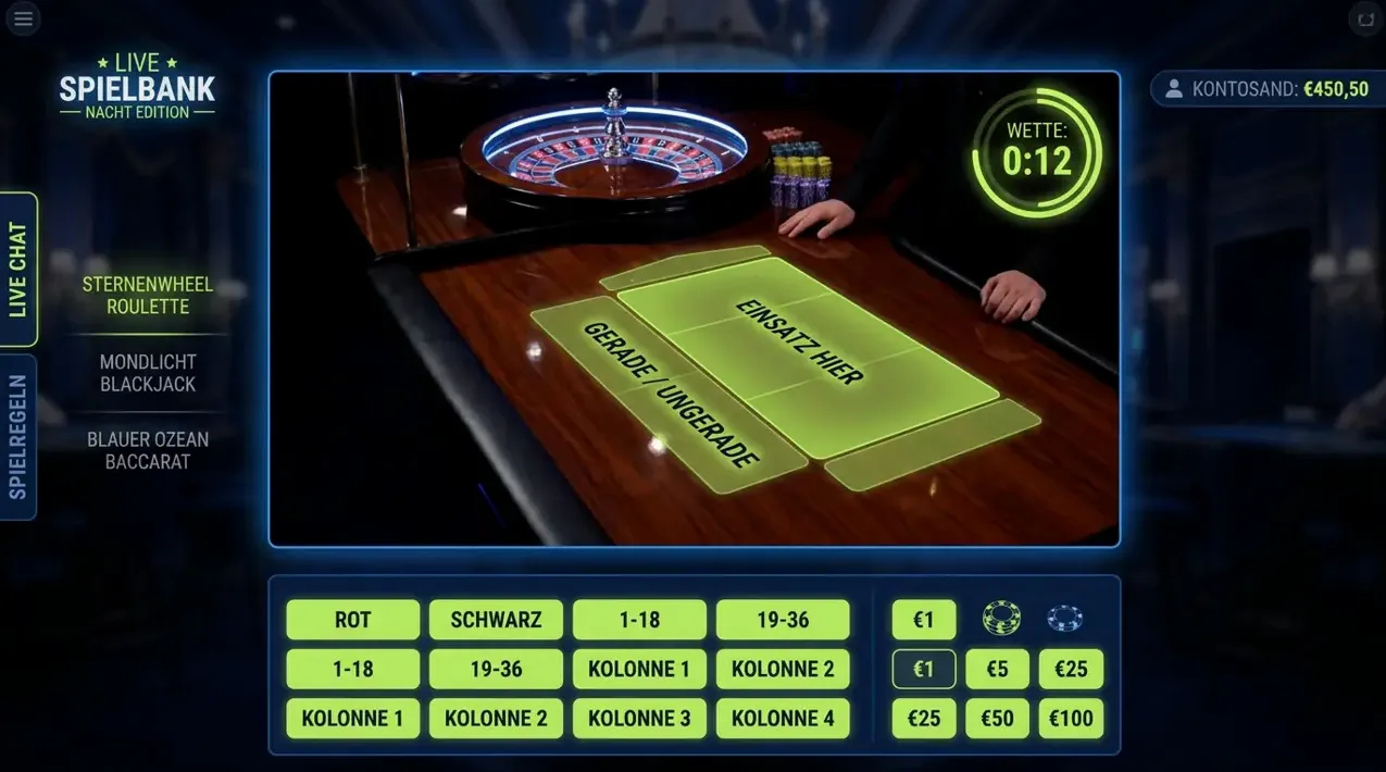 Live-Casino Interface von Knossi Casino mit Echtzeit-Tischen und Stream-Funktion.