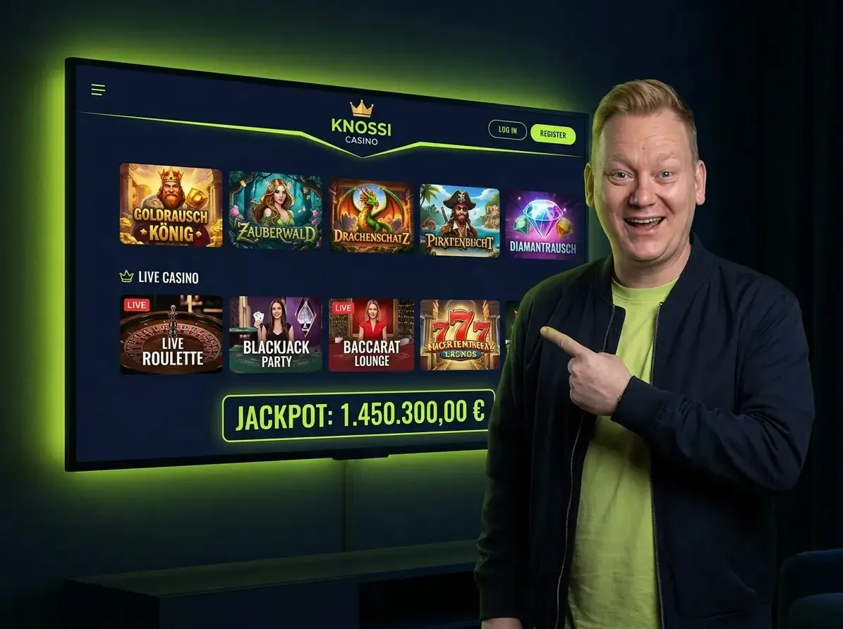 Knossi zeigt auf die Lobby von Knossi Casino mit Slots, Live-Tischen und Jackpot in Euro.